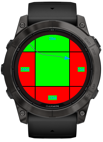 Standard colors, 2px wide track, distances to adjacent tiles visible